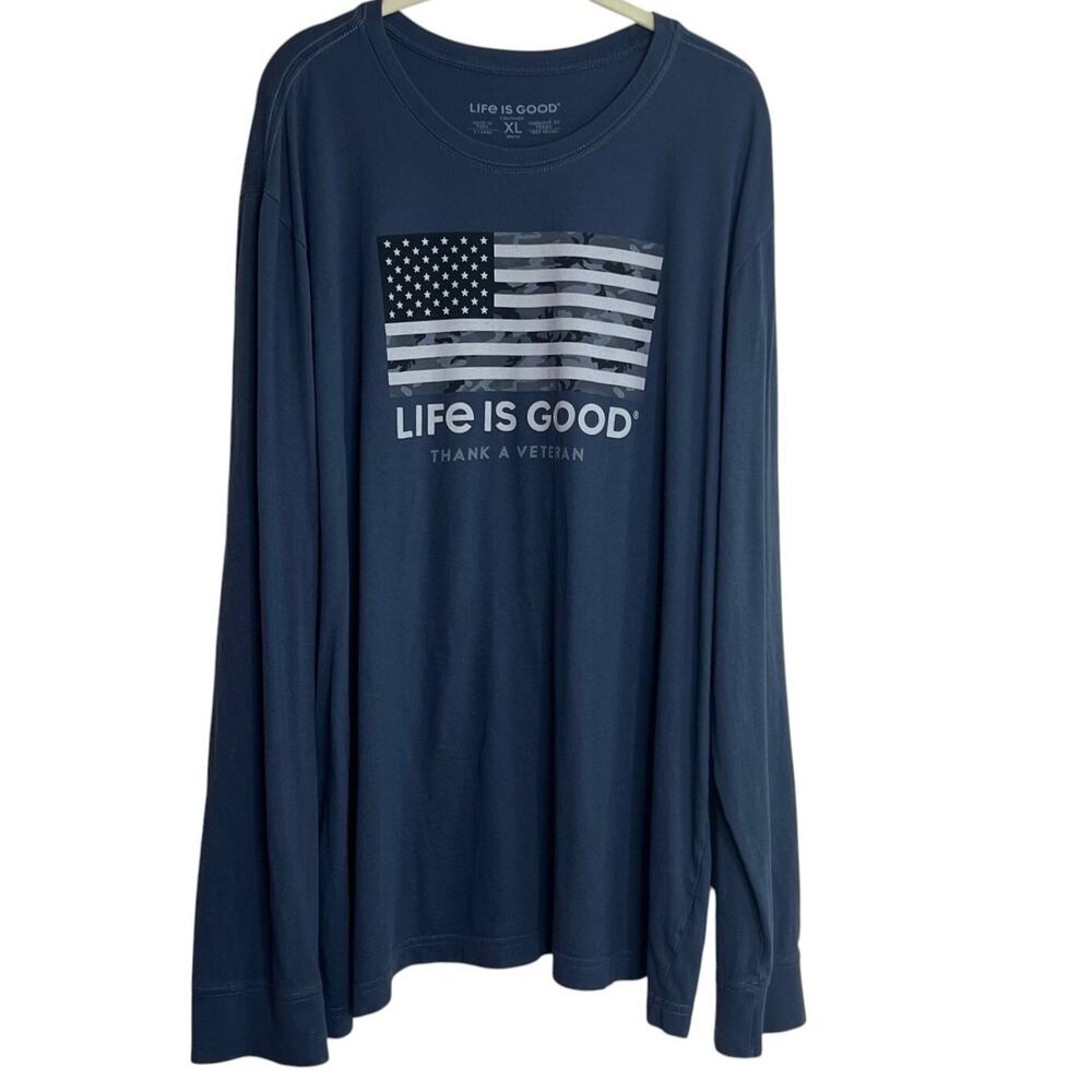 Life is Good Mens Long Sleeve Crusher Tee Size XL Blue Thank a Veteran US Flag